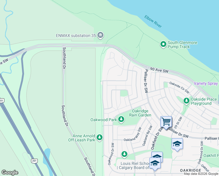 map of restaurants, bars, coffee shops, grocery stores, and more near 9188 Oakmount Drive Southwest in Calgary