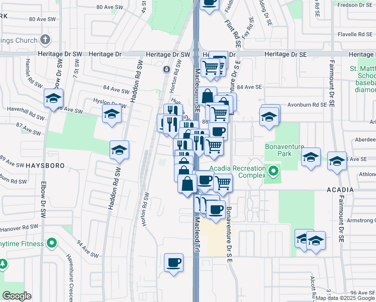 map of restaurants, bars, coffee shops, grocery stores, and more near 8855 Macleod Trail Southwest in Calgary
