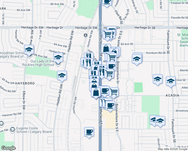 map of restaurants, bars, coffee shops, grocery stores, and more near 8855 Macleod Trail South in Calgary