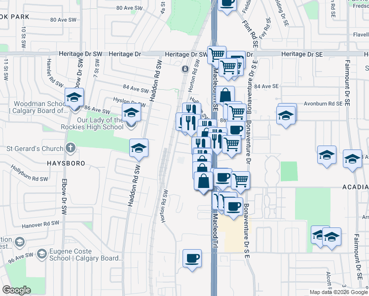 map of restaurants, bars, coffee shops, grocery stores, and more near in Calgary