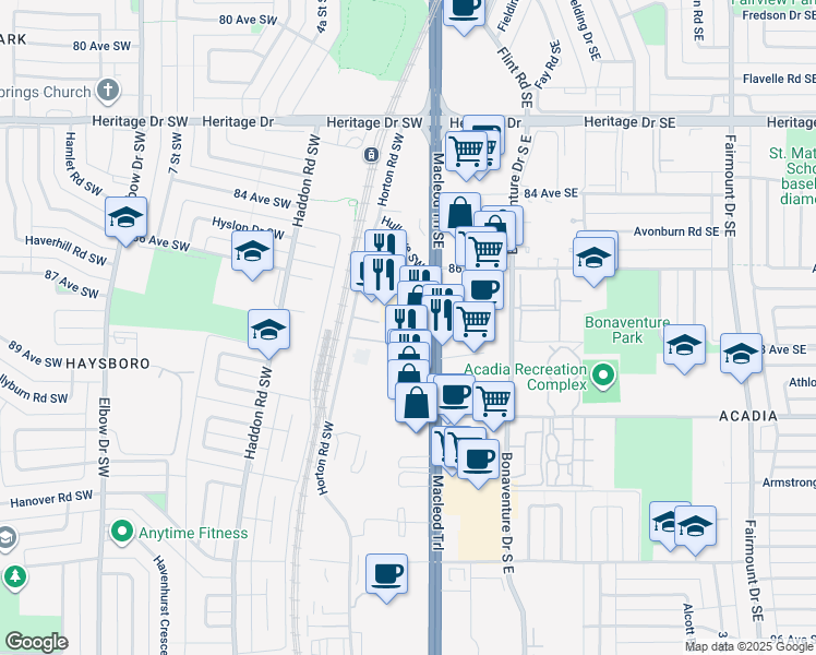 map of restaurants, bars, coffee shops, grocery stores, and more near 8855 Macleod Trail Southwest in Calgary