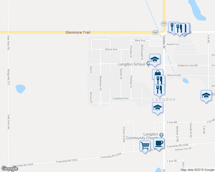 map of restaurants, bars, coffee shops, grocery stores, and more near 119 Copeland Close in Langdon