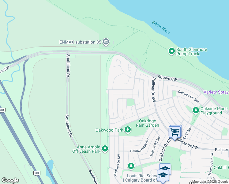 map of restaurants, bars, coffee shops, grocery stores, and more near 9188 Oakmount Drive Southwest in Calgary
