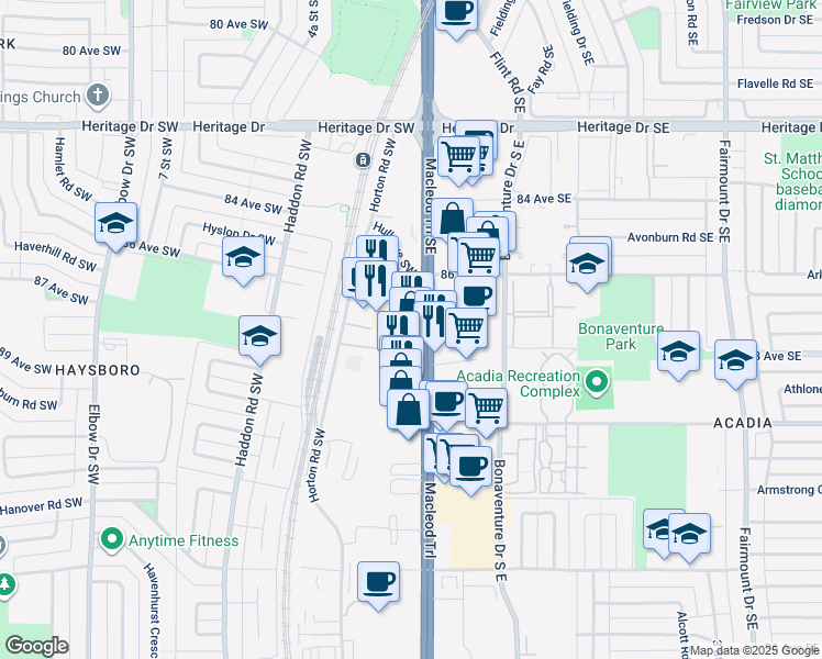 map of restaurants, bars, coffee shops, grocery stores, and more near 8855 Macleod Trail South in Calgary