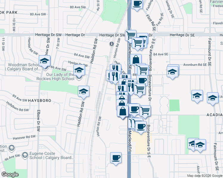 map of restaurants, bars, coffee shops, grocery stores, and more near in Calgary