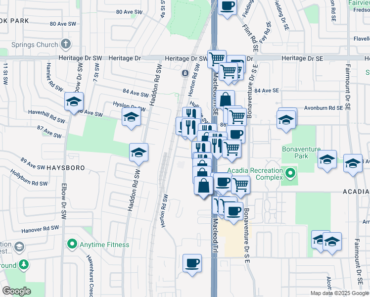 map of restaurants, bars, coffee shops, grocery stores, and more near 8880 Horton Road Southwest in Calgary