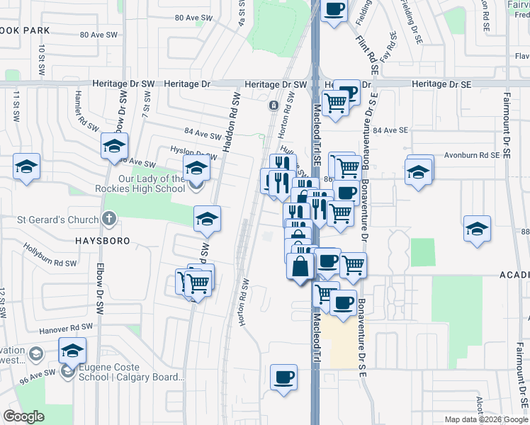 map of restaurants, bars, coffee shops, grocery stores, and more near 8880 Horton Road Southwest in Calgary