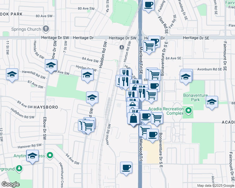 map of restaurants, bars, coffee shops, grocery stores, and more near 8880 Horton Road Southwest in Calgary