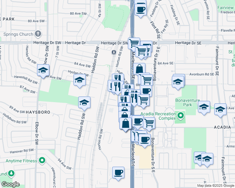 map of restaurants, bars, coffee shops, grocery stores, and more near in Calgary