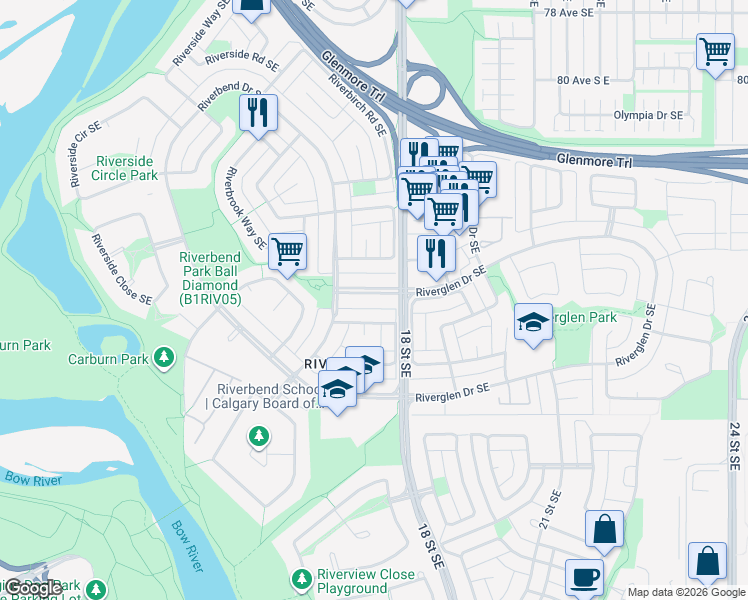 map of restaurants, bars, coffee shops, grocery stores, and more near 21 Riverbend Gate Southeast in Calgary