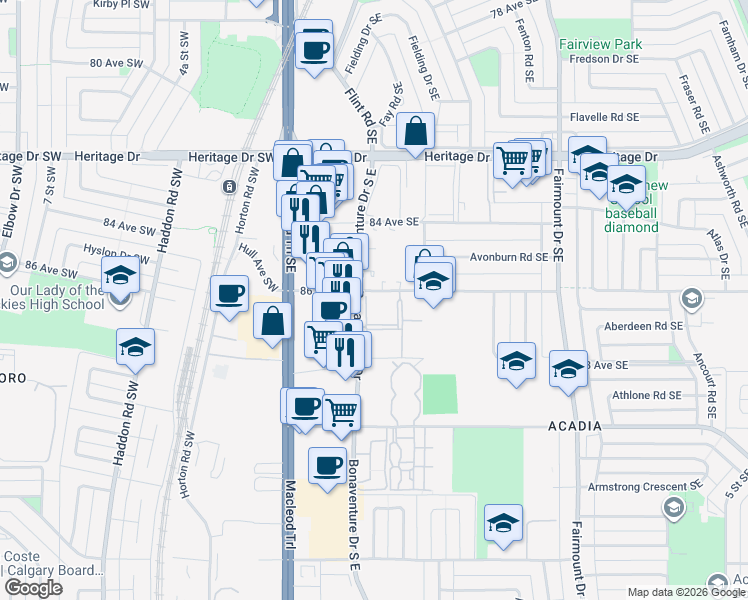 map of restaurants, bars, coffee shops, grocery stores, and more near 215 86 Avenue Southeast in Calgary
