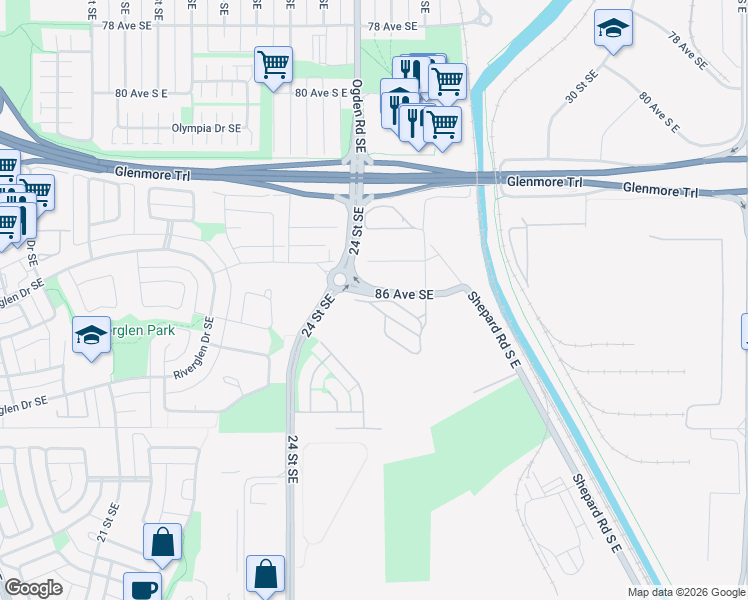 map of restaurants, bars, coffee shops, grocery stores, and more near 8514 26 Street Southeast in Calgary