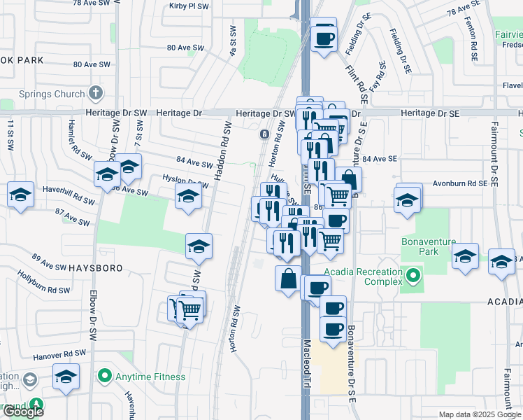 map of restaurants, bars, coffee shops, grocery stores, and more near 9825 Horton Road Southwest in Calgary