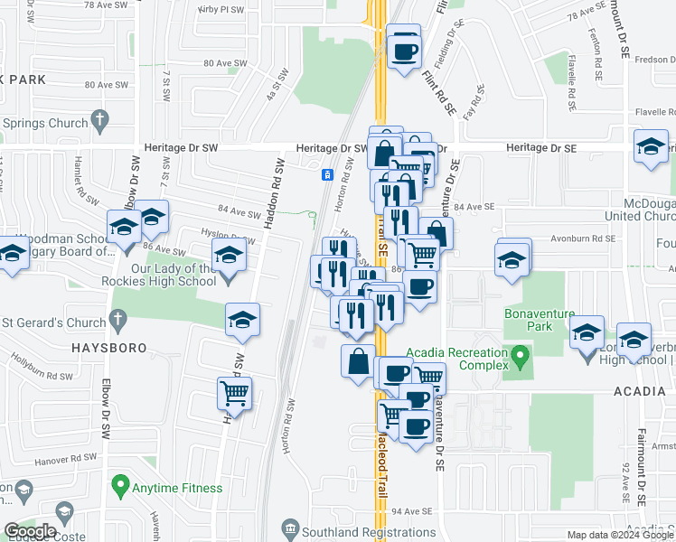 map of restaurants, bars, coffee shops, grocery stores, and more near 8710 Horton Road Southwest in Calgary