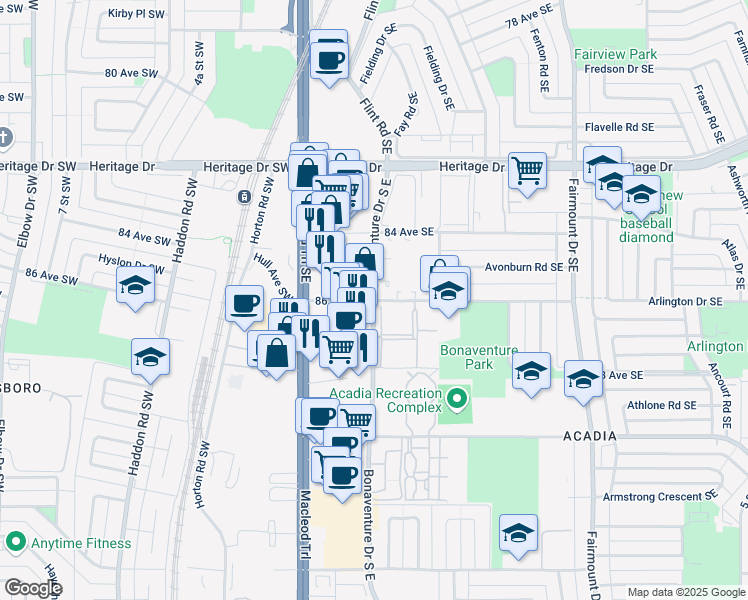 map of restaurants, bars, coffee shops, grocery stores, and more near Bonaventure Dr SE & 86 Ave SE in Calgary