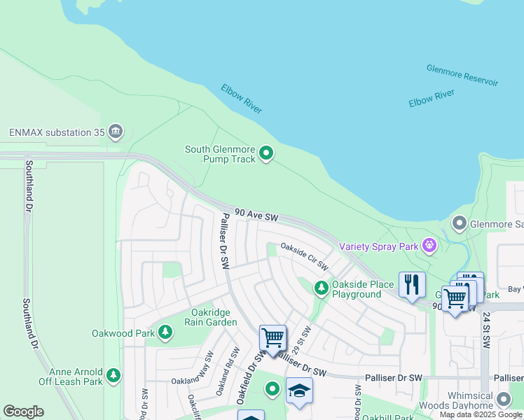 map of restaurants, bars, coffee shops, grocery stores, and more near 3120 90 Avenue Southwest in Calgary