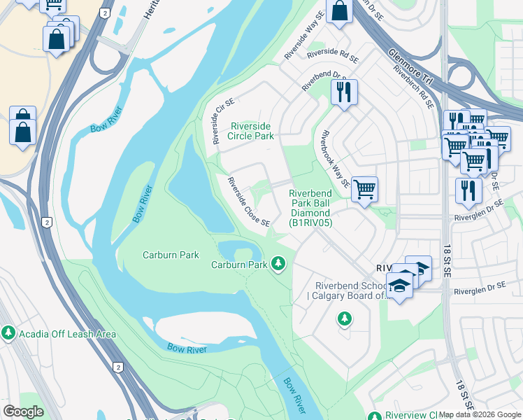 map of restaurants, bars, coffee shops, grocery stores, and more near 224 Riverside Bay Southeast in Calgary