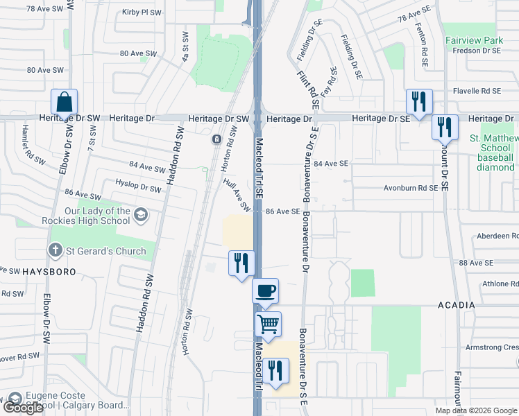 map of restaurants, bars, coffee shops, grocery stores, and more near 8720 Macleod Trail Southeast in Calgary