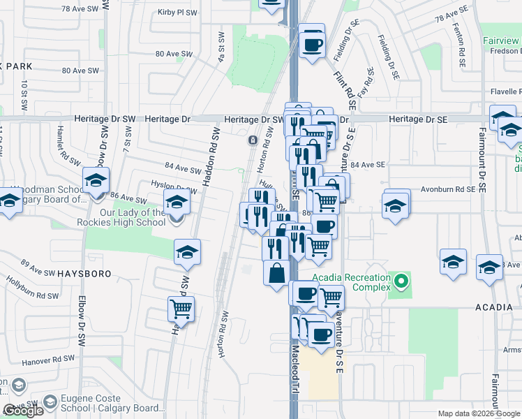 map of restaurants, bars, coffee shops, grocery stores, and more near in Calgary