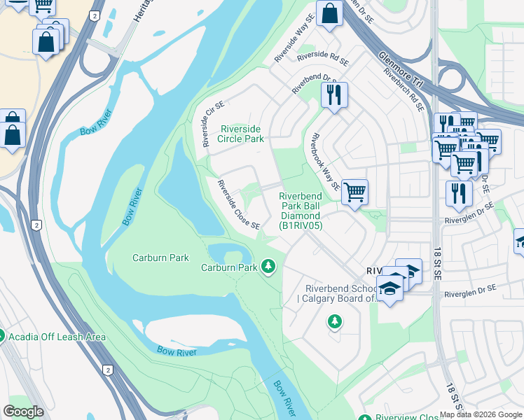 map of restaurants, bars, coffee shops, grocery stores, and more near 224 Riverside Bay Southeast in Calgary