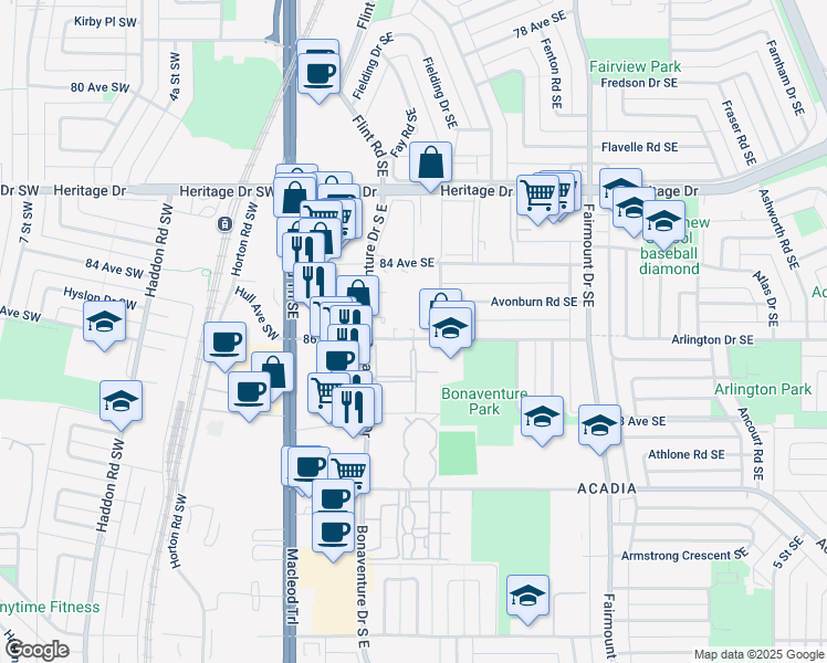map of restaurants, bars, coffee shops, grocery stores, and more near in Calgary