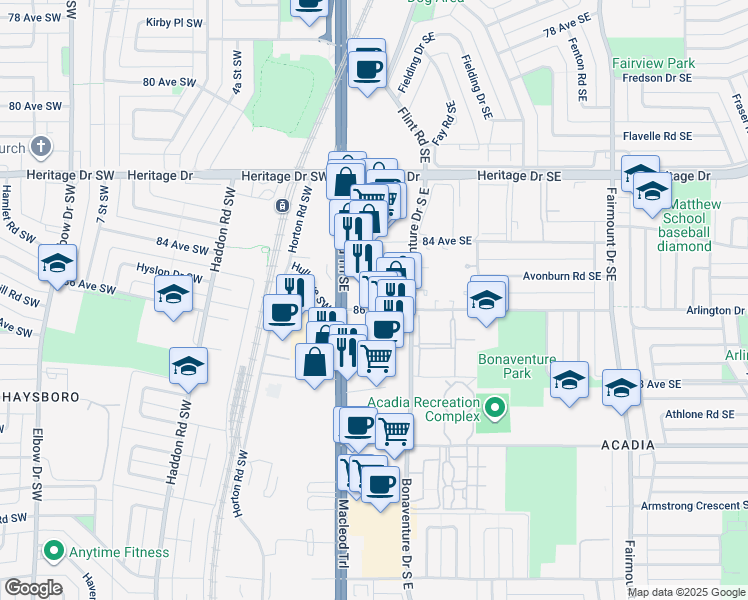 map of restaurants, bars, coffee shops, grocery stores, and more near 100s 86 Avenue Southeast in Calgary