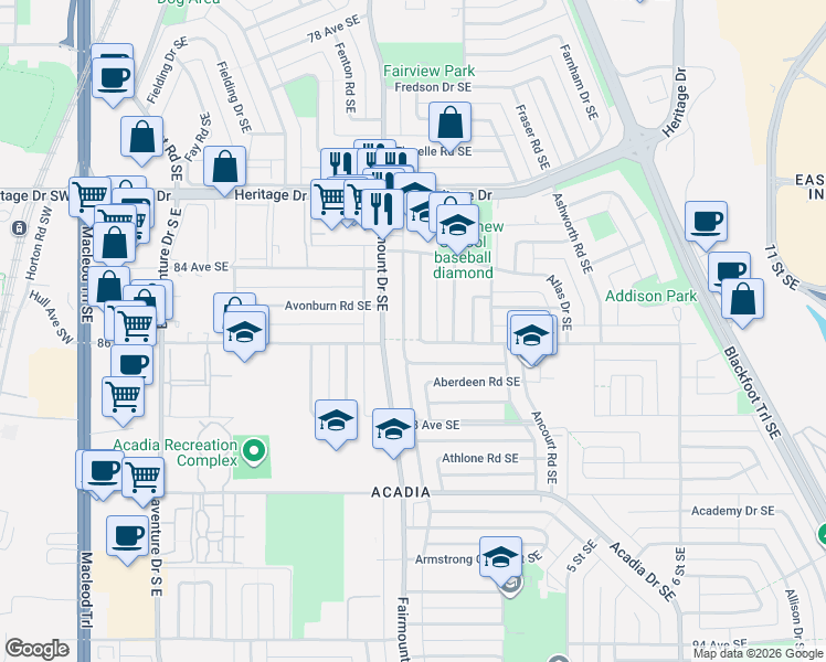 map of restaurants, bars, coffee shops, grocery stores, and more near in Calgary