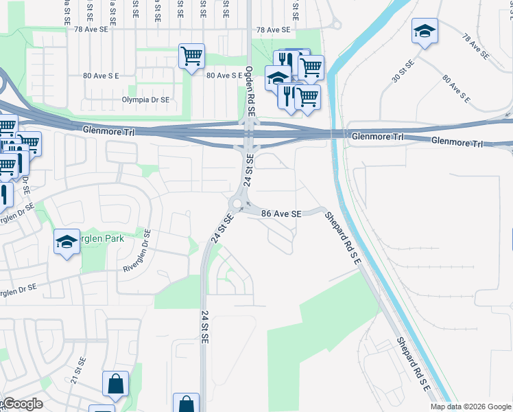 map of restaurants, bars, coffee shops, grocery stores, and more near 8514 26 Street Southeast in Calgary