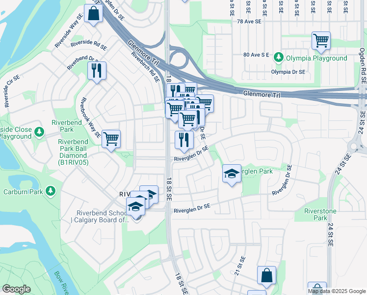 map of restaurants, bars, coffee shops, grocery stores, and more near 30 Riverglen Drive Southeast in Calgary