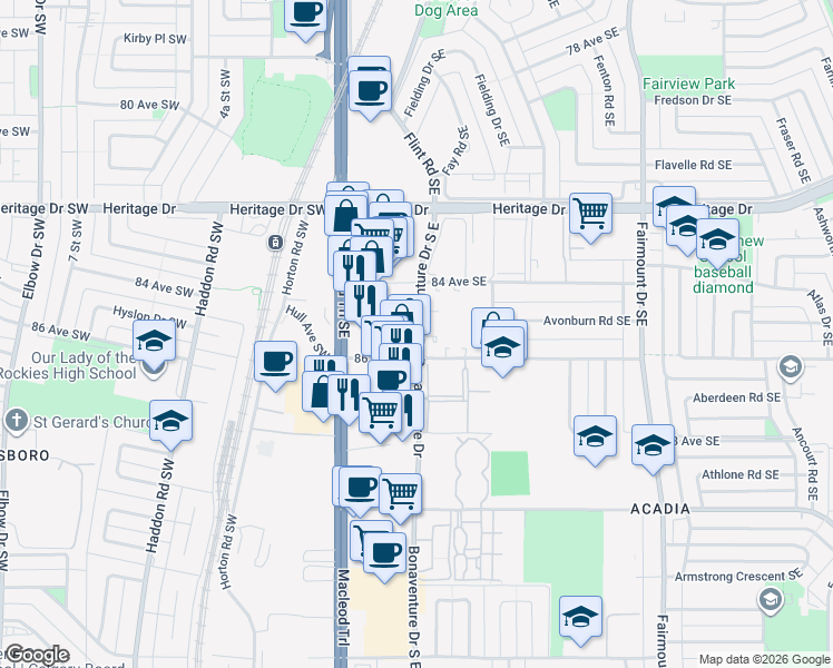 map of restaurants, bars, coffee shops, grocery stores, and more near 8720 Macleod Trail Southeast in Calgary