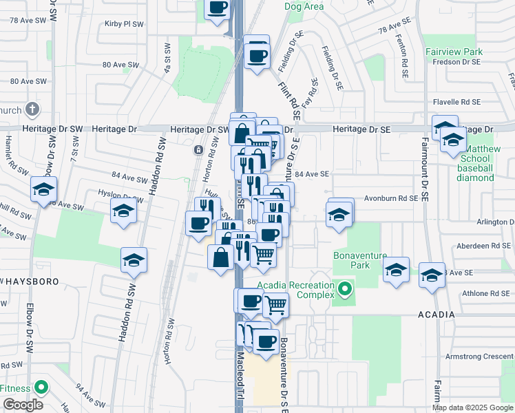 map of restaurants, bars, coffee shops, grocery stores, and more near 8500 Macleod Trail Southeast in Calgary