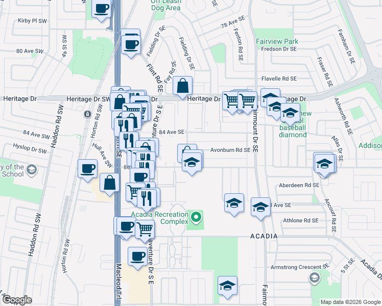 map of restaurants, bars, coffee shops, grocery stores, and more near 92-210 86 Avenue Southeast in Calgary
