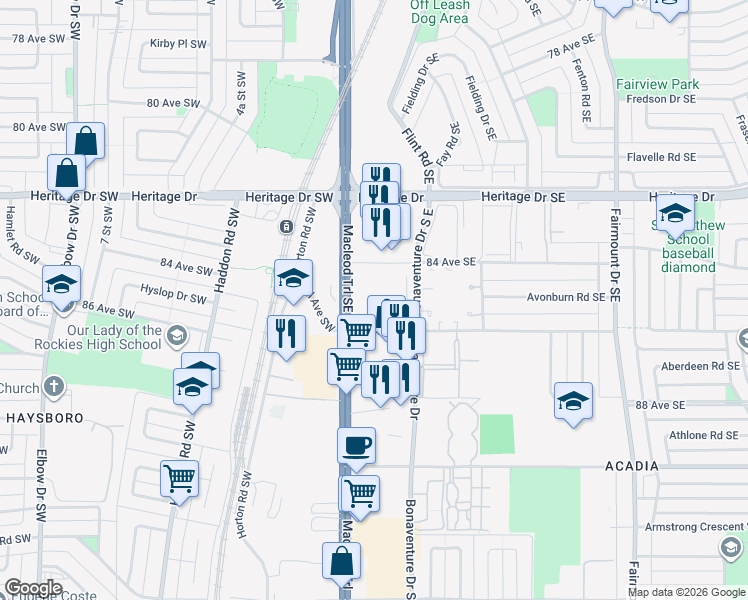 map of restaurants, bars, coffee shops, grocery stores, and more near in Calgary