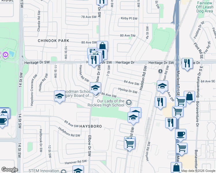 map of restaurants, bars, coffee shops, grocery stores, and more near in Calgary