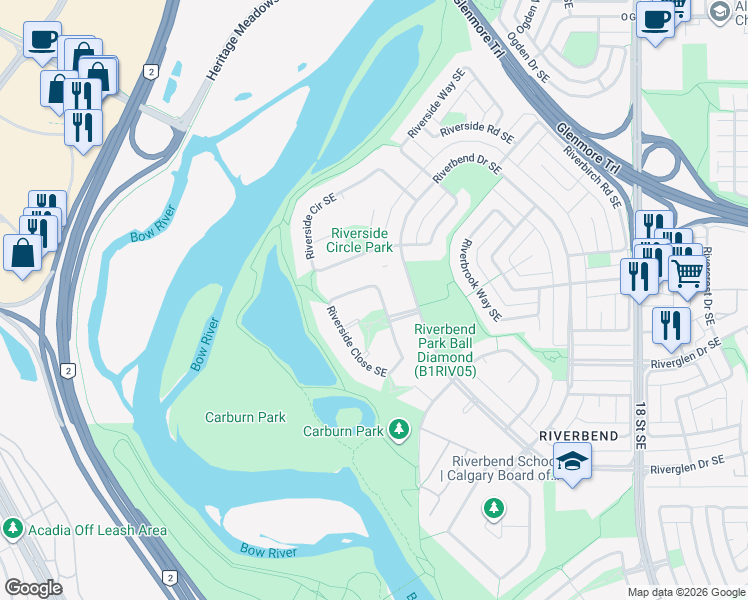 map of restaurants, bars, coffee shops, grocery stores, and more near 18 Riverside Close Southeast in Calgary