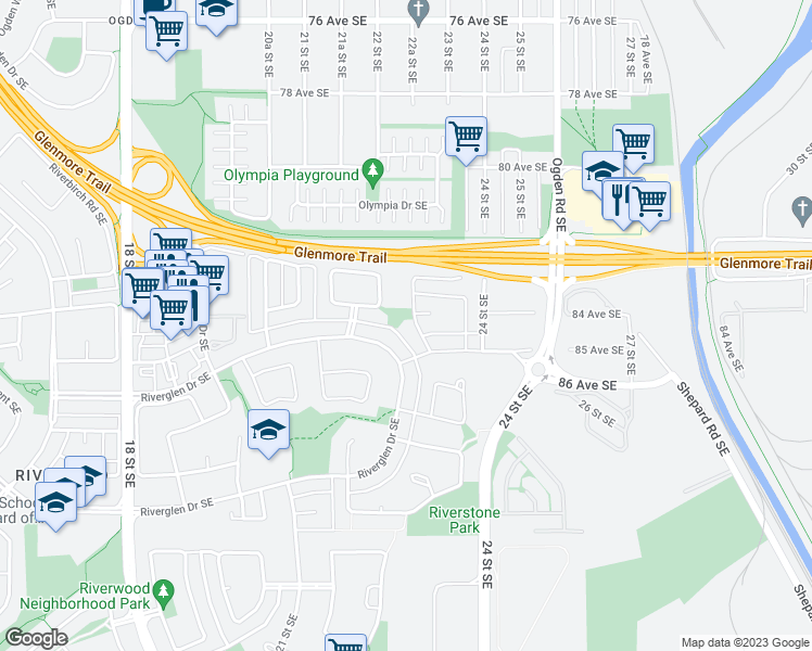map of restaurants, bars, coffee shops, grocery stores, and more near 23 Rivercrest Crescent Southeast in Calgary