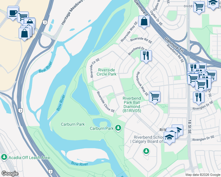 map of restaurants, bars, coffee shops, grocery stores, and more near 18 Riverside Close Southeast in Calgary