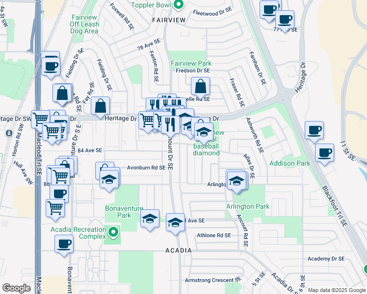 map of restaurants, bars, coffee shops, grocery stores, and more near 403 Arlington Drive Southeast in Calgary