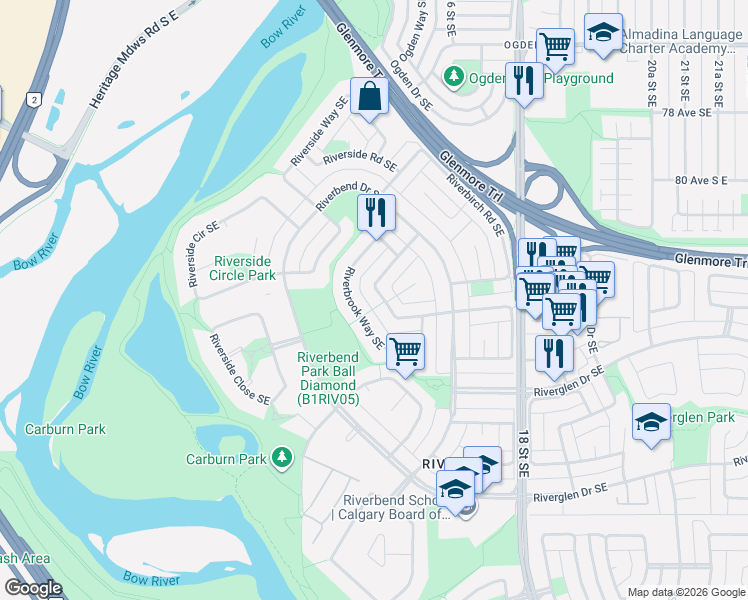 map of restaurants, bars, coffee shops, grocery stores, and more near in Calgary