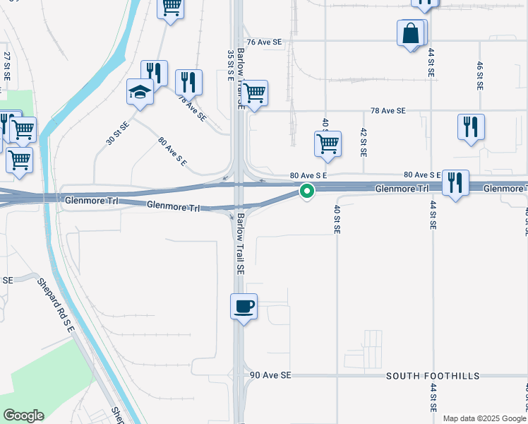map of restaurants, bars, coffee shops, grocery stores, and more near 3907 Glenmore Trail in Calgary