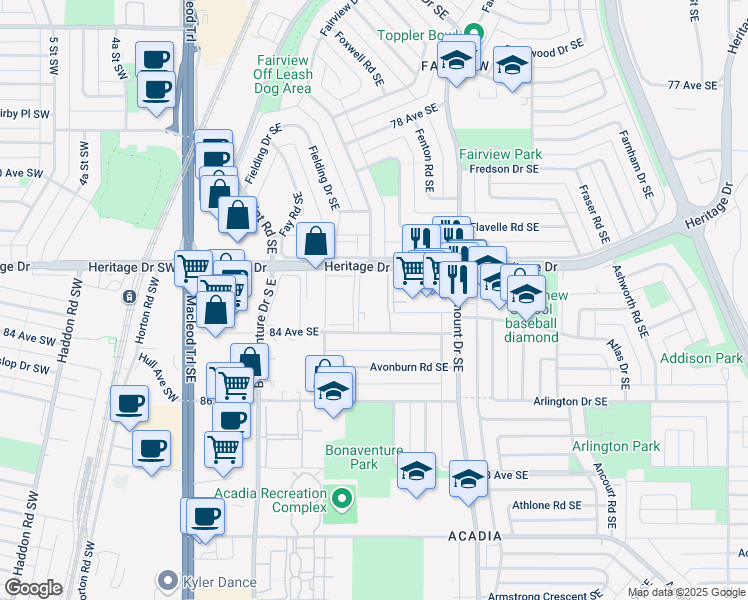 map of restaurants, bars, coffee shops, grocery stores, and more near 331 Heritage Drive Southeast in Calgary