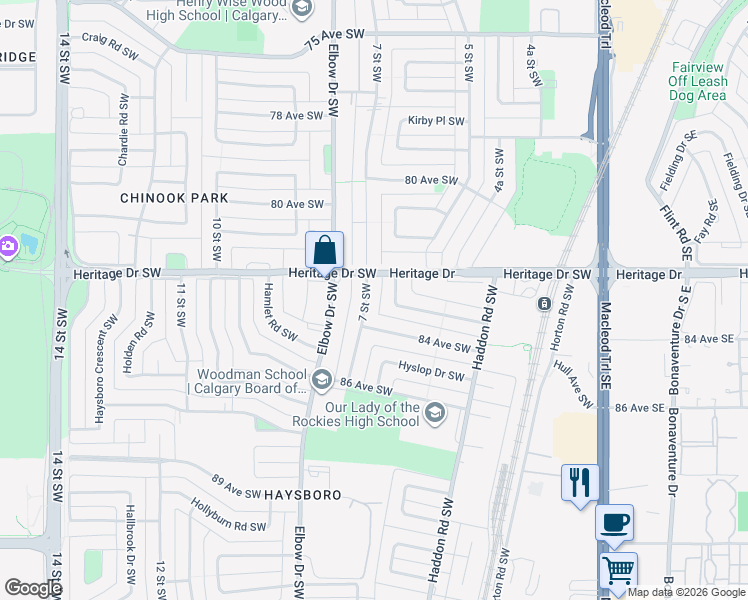 map of restaurants, bars, coffee shops, grocery stores, and more near 15 Healy Drive Southwest in Calgary