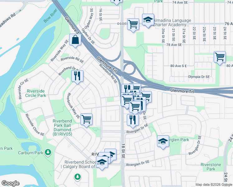 map of restaurants, bars, coffee shops, grocery stores, and more near 44 Riverbirch Road Southeast in Calgary