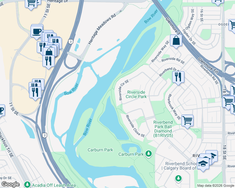 map of restaurants, bars, coffee shops, grocery stores, and more near 105 Riverside Circle Southeast in Calgary