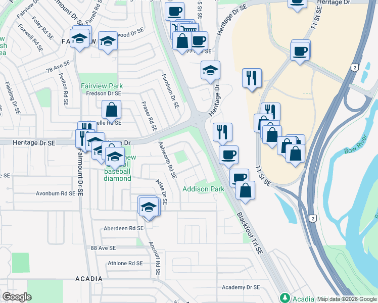 map of restaurants, bars, coffee shops, grocery stores, and more near 8407 Addison Drive Southeast in Calgary