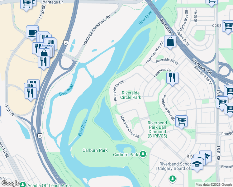 map of restaurants, bars, coffee shops, grocery stores, and more near 105 Riverside Circle Southeast in Calgary