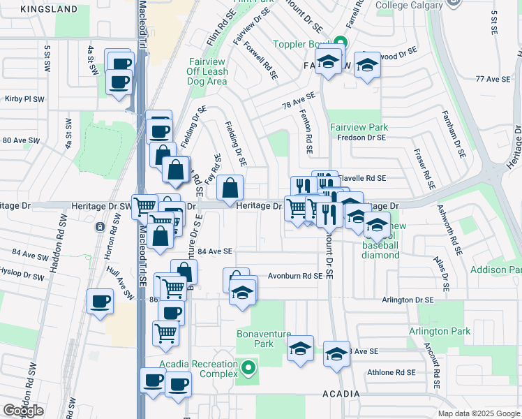 map of restaurants, bars, coffee shops, grocery stores, and more near in Calgary