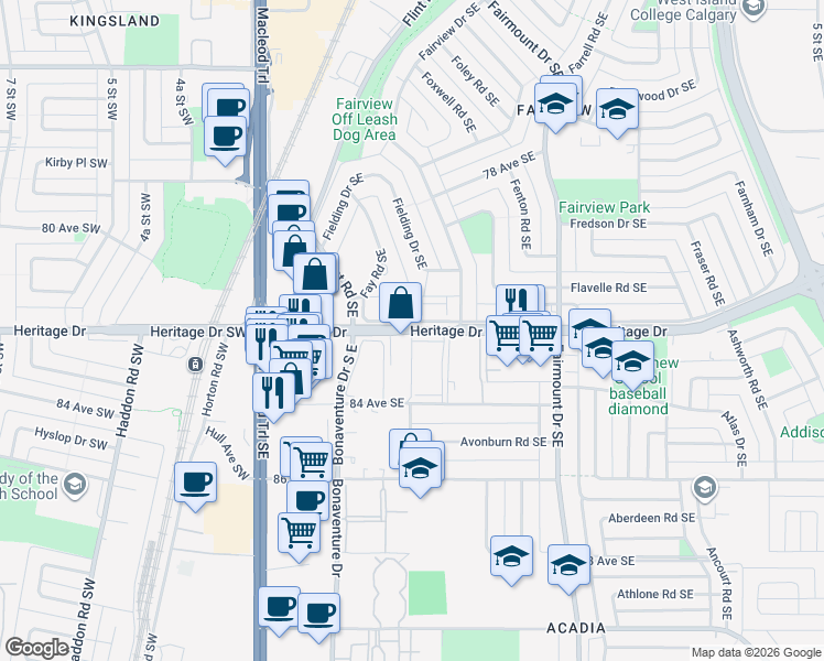 map of restaurants, bars, coffee shops, grocery stores, and more near 231 Heritage Drive in Calgary