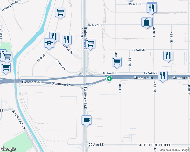 map of restaurants, bars, coffee shops, grocery stores, and more near Glenmore Trail in Calgary