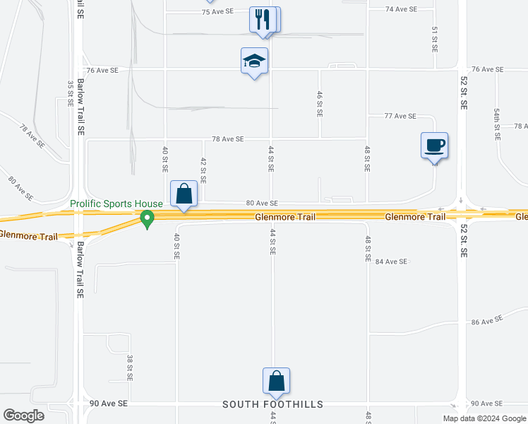 map of restaurants, bars, coffee shops, grocery stores, and more near Glenmore Trail in Calgary